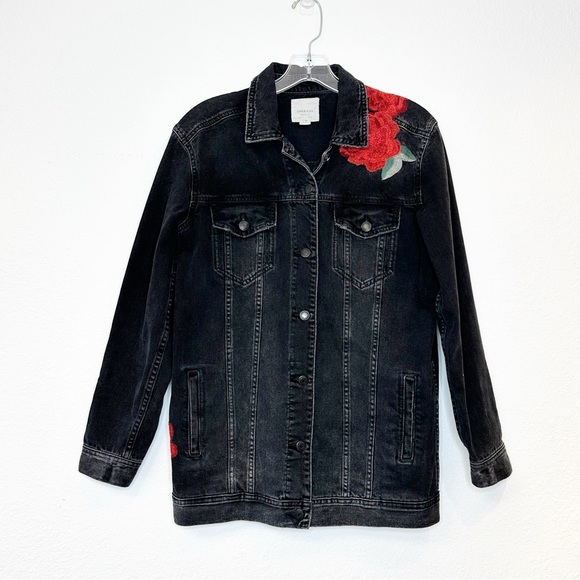 American Eagle Outfitters Black Jean Jacket Embroidered Oversized Small - Picture 1 of 2